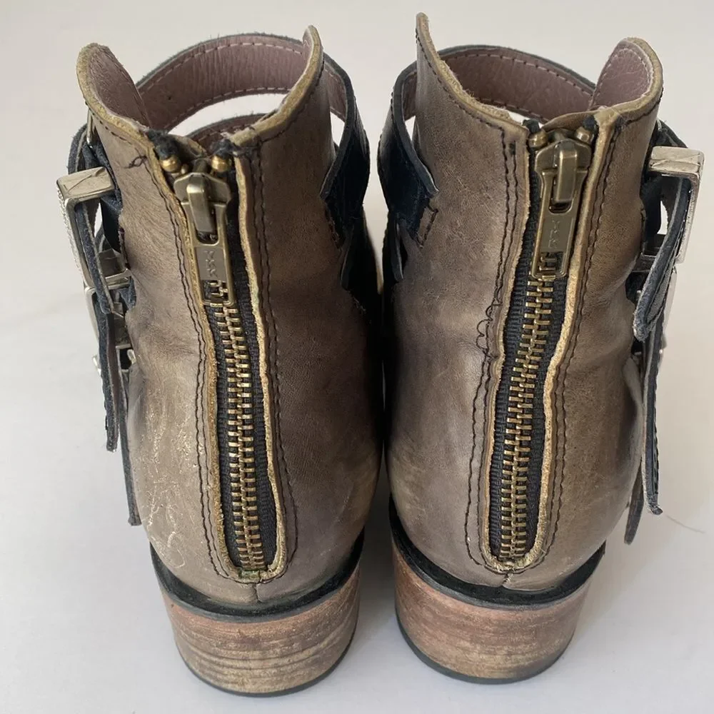 Freebird by Steven Scarlett Olive Brown Multi-Buckle Ankle Boots 8 Boho Western